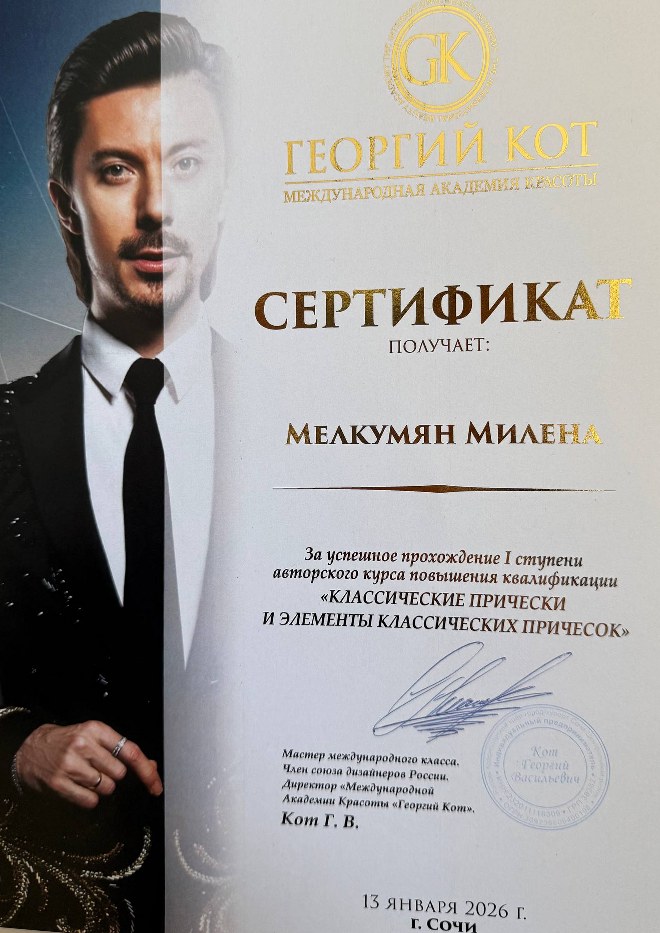 Сертификат академии Георгия Кота — классические причёски, I ступень